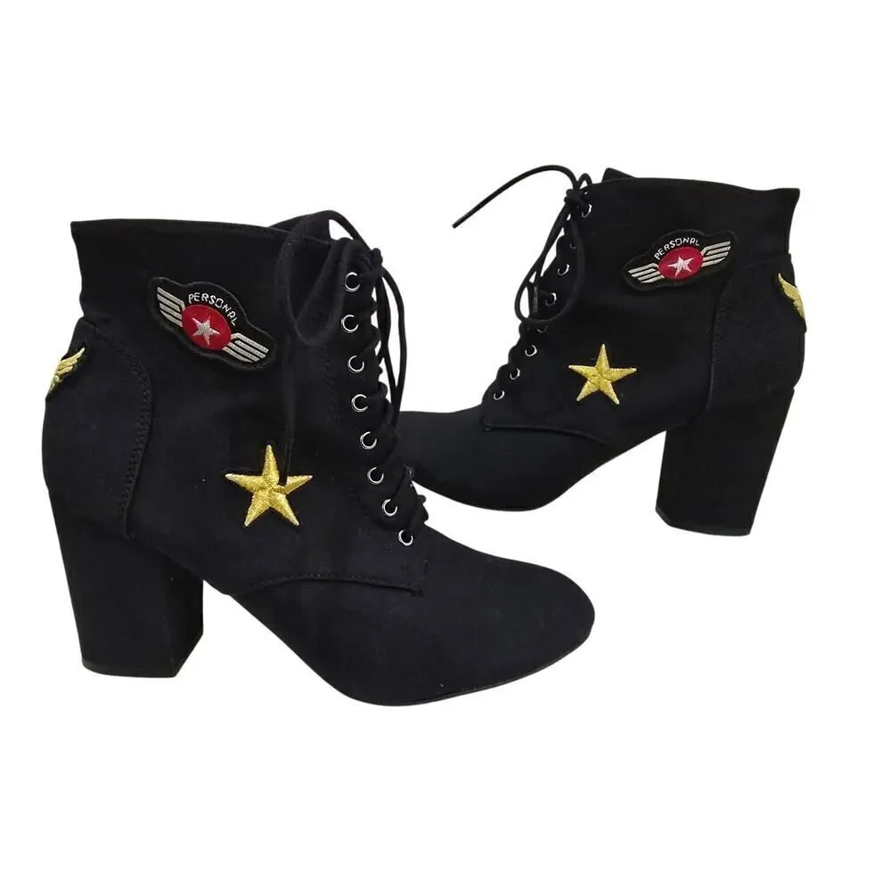 Black Ankle Boots Lace Up Block Heel Star Patch Size 8.5 Women Airforce Grunge - Picture 2 of 8
